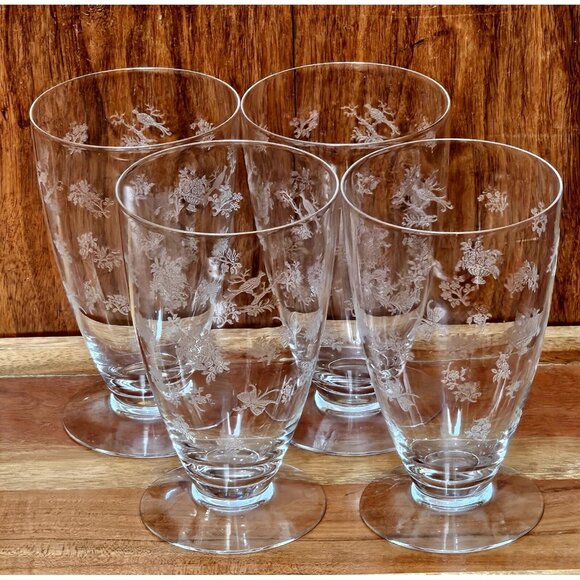 Heisey Chintz Etched Ice Tea Glasses 5.5” vintage bird butterfly floral 4piece - Picture 5 of 11
